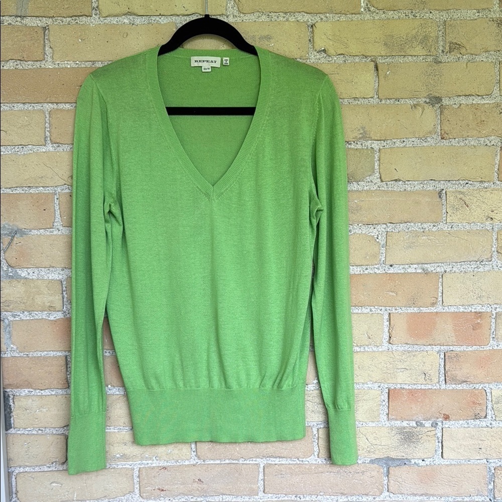 Repeat Silk and Cotton Green V-Neck Sweater